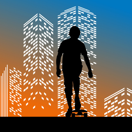 Vector silhouette skateboarder on color skyscraper backgroundのイラスト素材