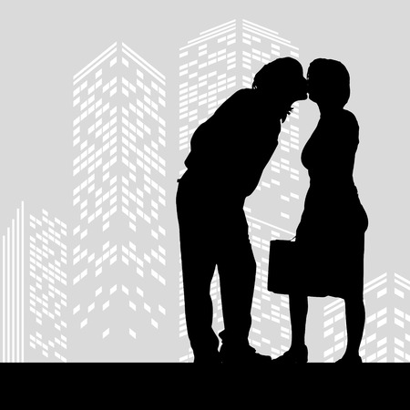 Vector silhouette man on color skyscraper backgroundのイラスト素材