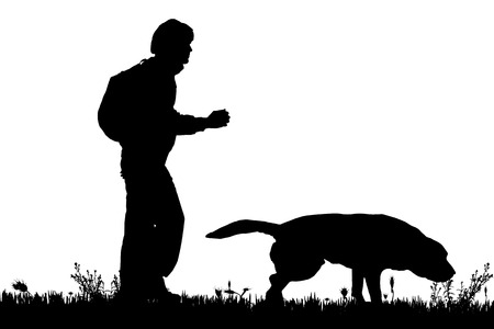 Vector silhouette of the man with dog for a walk.のイラスト素材