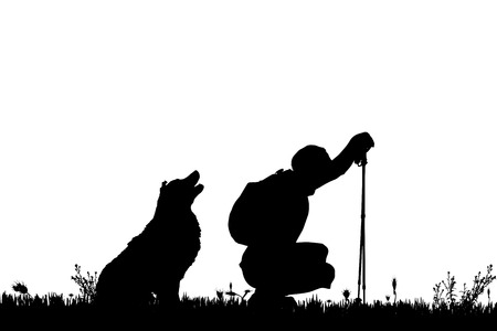 Vector silhouette of the man with dog for a walk.のイラスト素材