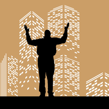 Vector silhouette man on color skyscraper backgroundのイラスト素材