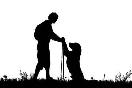 Vector silhouette of the man with dog for a walk.のイラスト素材