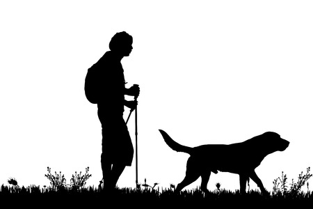 Vector silhouette of the man with dog for a walk.のイラスト素材
