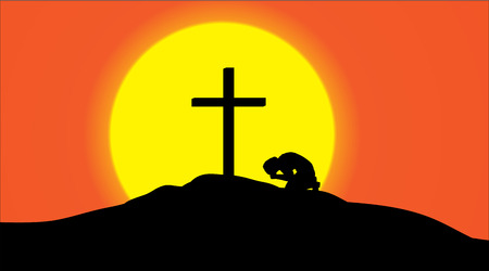 Vector silhouette of a cross on a hill at sunset.のイラスト素材