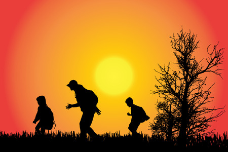 Vector silhouette of a family in the countryside at sunset.のイラスト素材