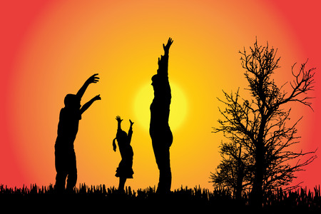Vector silhouette of a family in the countryside at sunset.のイラスト素材