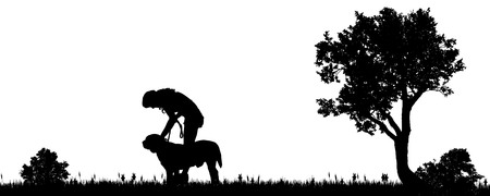 Vector illustration of a woman with a dog in the countryside.のイラスト素材