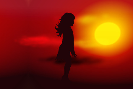 Vector illustration sunset with silhouette of girlのイラスト素材