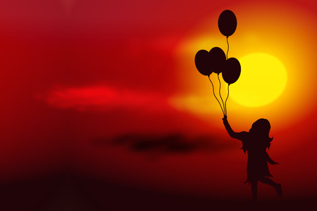 Vector illustration sunset with silhouette of girlのイラスト素材