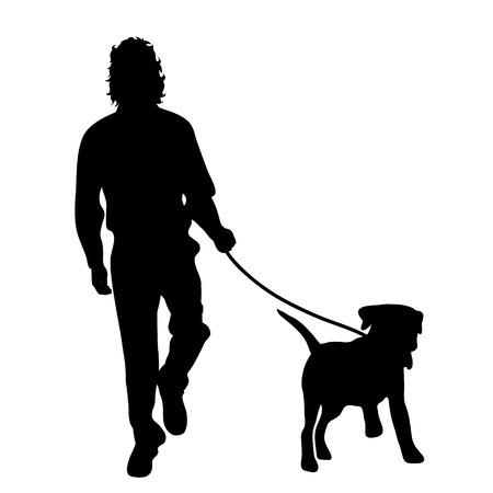 Vector silhouette of man with dog on white background.のイラスト素材