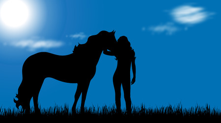 Vector silhouette of woman with horse on a meadow.のイラスト素材