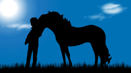 Vector silhouette of child with horse on a meadow.のイラスト素材