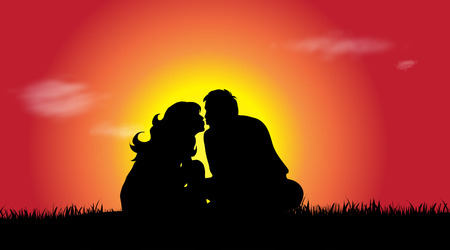 Vector silhouette of a couple at sunset.のイラスト素材