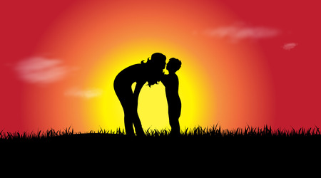 Vector silhouette of a family at sunset.のイラスト素材