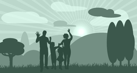 Family in nature with mountains, clouds and sunshineのイラスト素材