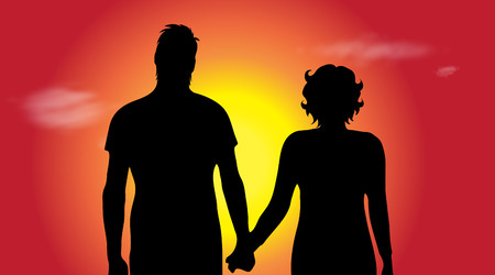Vector silhouette of couple in nature at sunset.のイラスト素材
