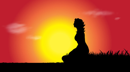 Vector silhouette of young woman at sunset.のイラスト素材