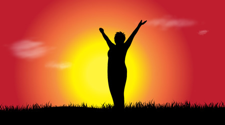 Vector silhouette of woman who sports at sunset.のイラスト素材