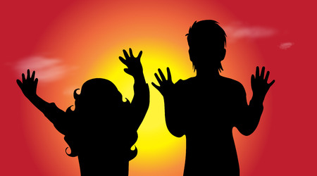 Vector silhouette of friends in nature at sunset.のイラスト素材