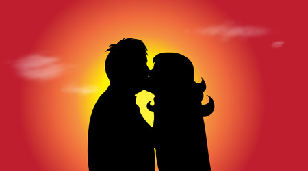 Vector silhouette of couple in nature at sunset.のイラスト素材