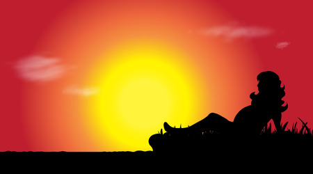 Vector silhouette of pregnant woman at sunset.のイラスト素材