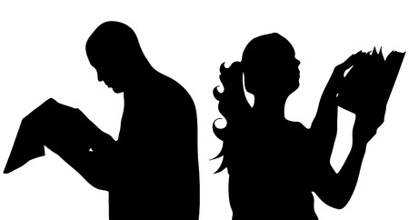 detail vector silhouette of reading man and womanのイラスト素材