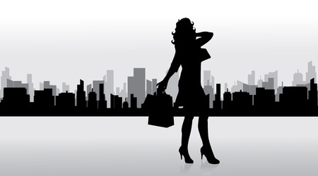 Vector silhouette of woman who shopping in big town.のイラスト素材