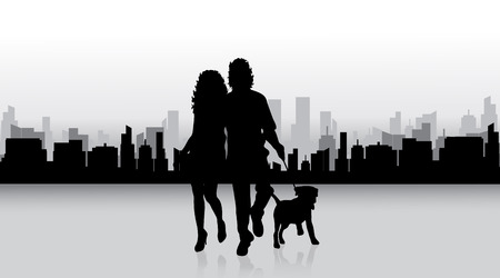 Vector silhouette of couple in big town.のイラスト素材