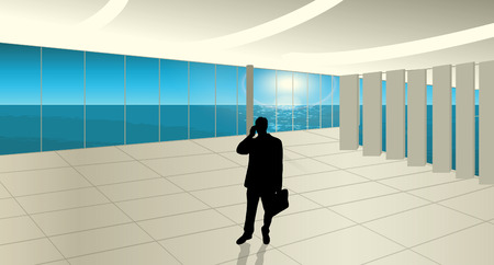 Vector illustration building interior and man phoningのイラスト素材