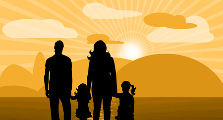 Vector illustration with sunset clouds and familyのイラスト素材