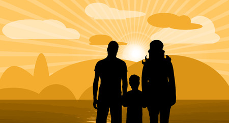 Vector illustration with sunset clouds and familyのイラスト素材
