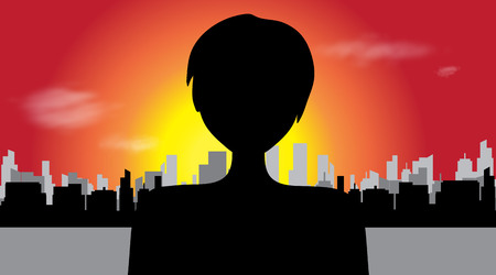 Vector silhouette of woman in big town.のイラスト素材