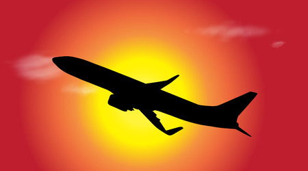 Vector silhouette of a aircraft fly at sunset.のイラスト素材