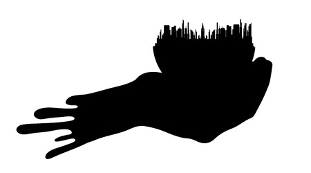 Vector illustration of the city with hand on a white background.のイラスト素材