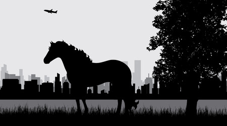 Vector illustration of horse in the city park.のイラスト素材