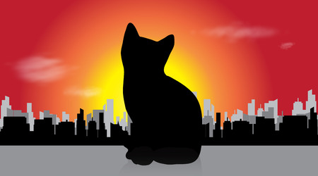 Vector illustration of cat in the city at sunset.のイラスト素材