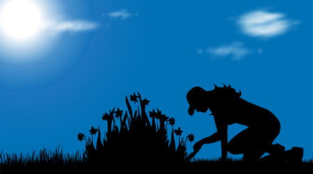 vector silhouette garden girl in nature and blue skyのイラスト素材