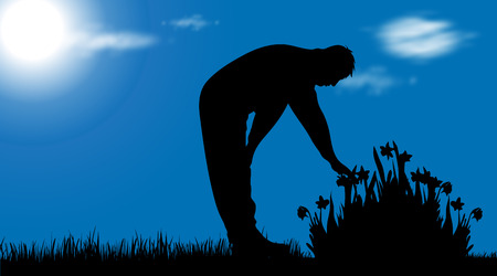 Vector silhouette of gardener on sunny day.のイラスト素材