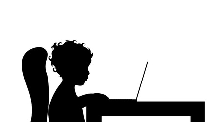 Vector silhouette of child work on computer.のイラスト素材