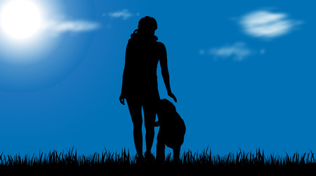 Vector silhouette of woman with dog on garden.のイラスト素材