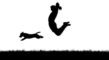 Vector silhouette of man with dog on white background.のイラスト素材