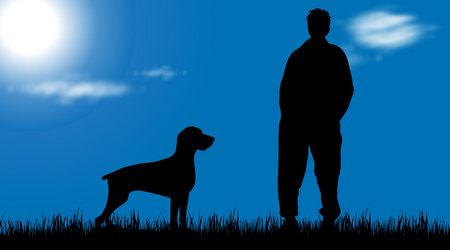 Vector silhouette of man with dog in nature.のイラスト素材