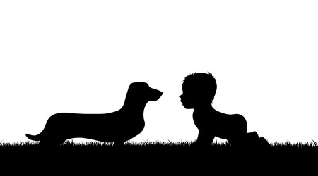 Vector silhouette of baby with dog on white background.のイラスト素材