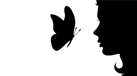 Vector silhouette of girl with butterfly on white background.のイラスト素材
