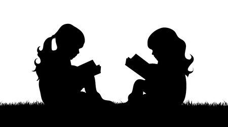 Vector silhouette of girls who read book in grass.のイラスト素材