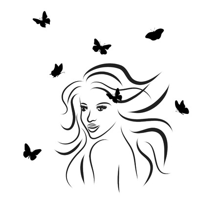 Vector silhouette of woman with butterfly.のイラスト素材
