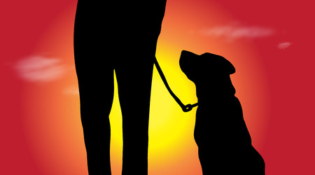 Vector silhouette of man with dog at sunset.のイラスト素材