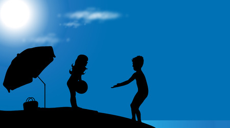 A Vector silhouette of children on the beach at sunny day.のイラスト素材