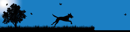 Vector silhouette of dog in nature at sunny day.のイラスト素材