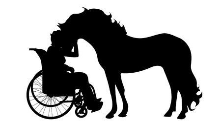 A Vector silhouette of woman on wheelchair with horse on white background.のイラスト素材